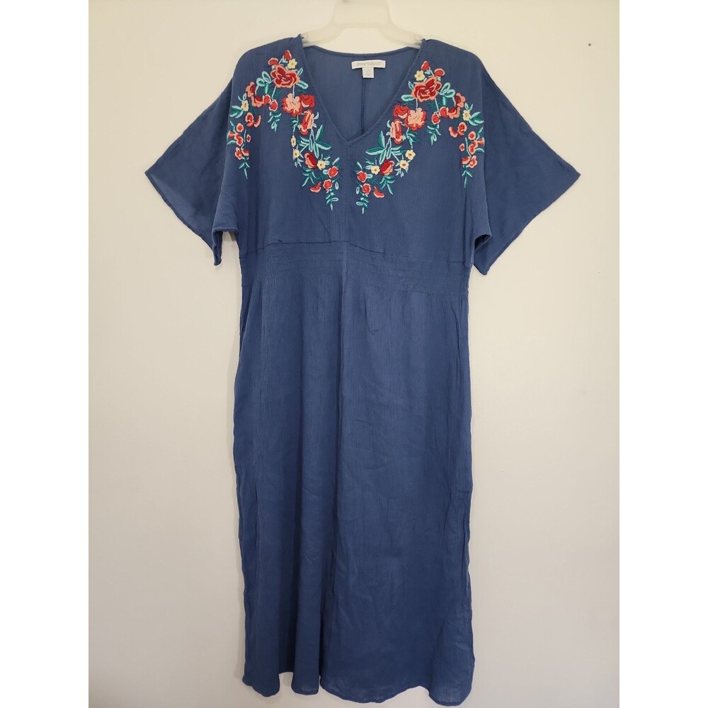 Dreams & Co. Women Blue Gauzy Short Sleeve Maxi Shift Dress Embroidery Sz. 14/16